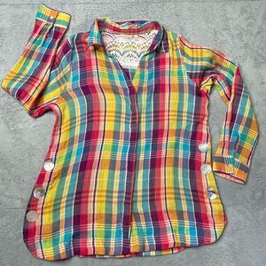 Soft Surroundings “Kona Shores” Rainbow Plaid Gauze Shirt | Size M